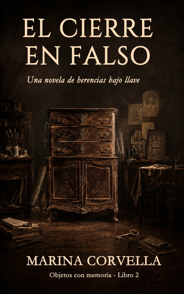 Cubierta de El cierre en falso: una cómoda antigua cerrada con llave en un taller de restauración en penumbra, rodeada de bocetos y herramientas