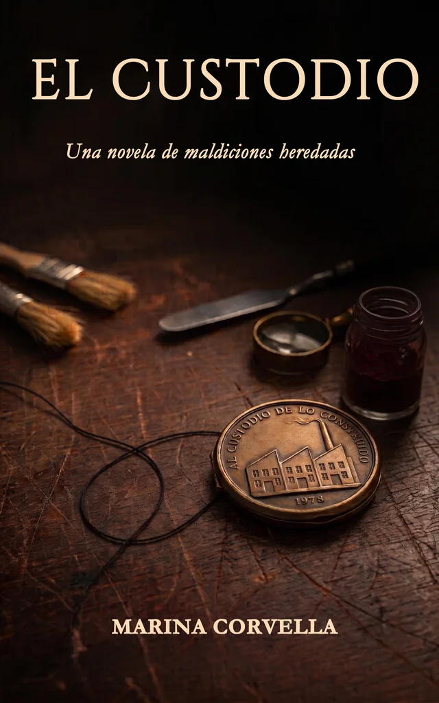 Cubierta de El custodio: una medalla de bronce con una fábrica grabada, sobre una mesa de taller, junto a un hilo negro