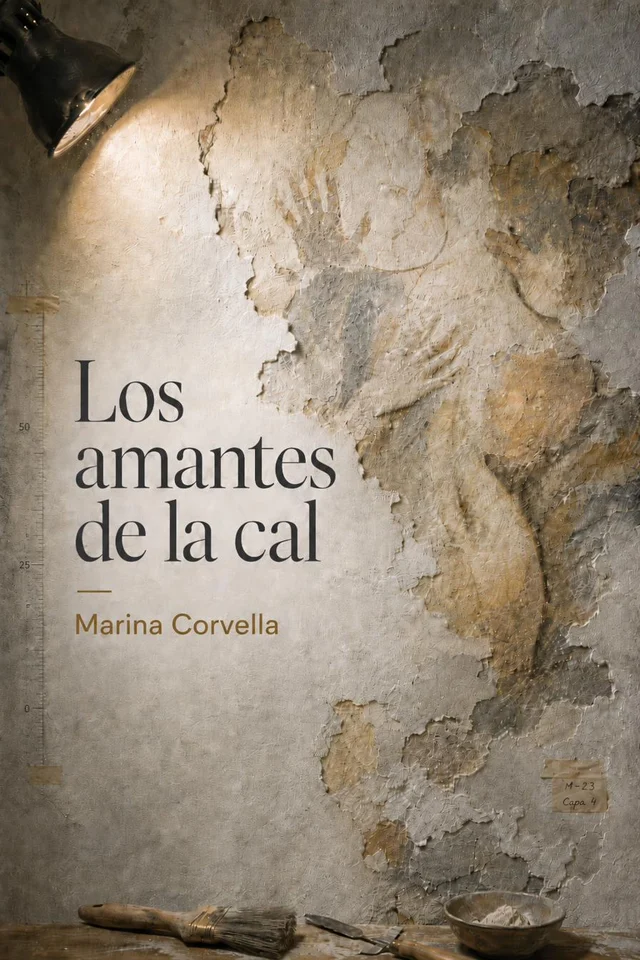 Portada de Los amantes de la cal: una figura de dos cuerpos abrazados aparece en la cal desconchada de un muro, bajo el foco de una lámpara de restauración